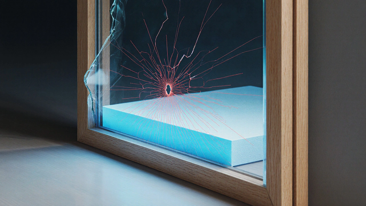 Konceptuální znázornění napětí ve skle dveří s tlumičem pěny.