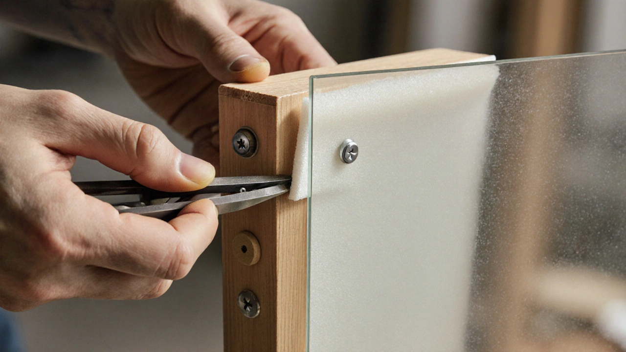 Ruka vkládá EVA pěnu pod sklo dveří během opravy.