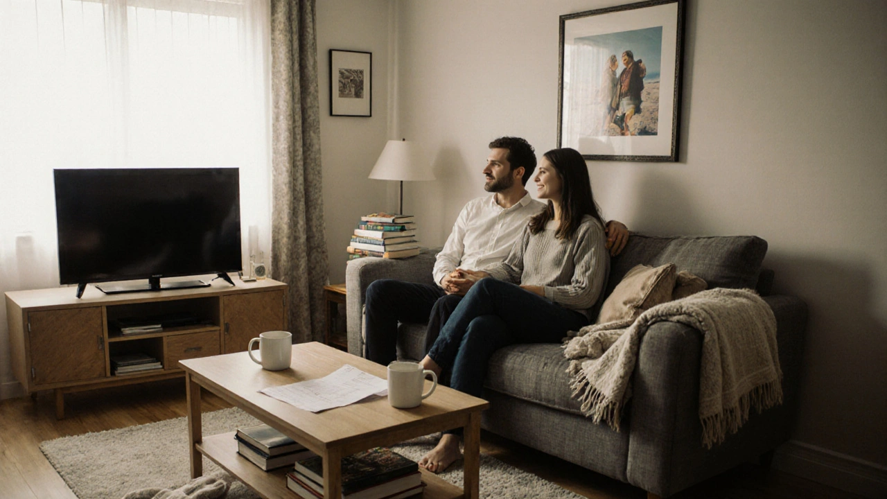 Dvojice na společném kanapé s viditelnými společnými věcmi a účtem na stole.