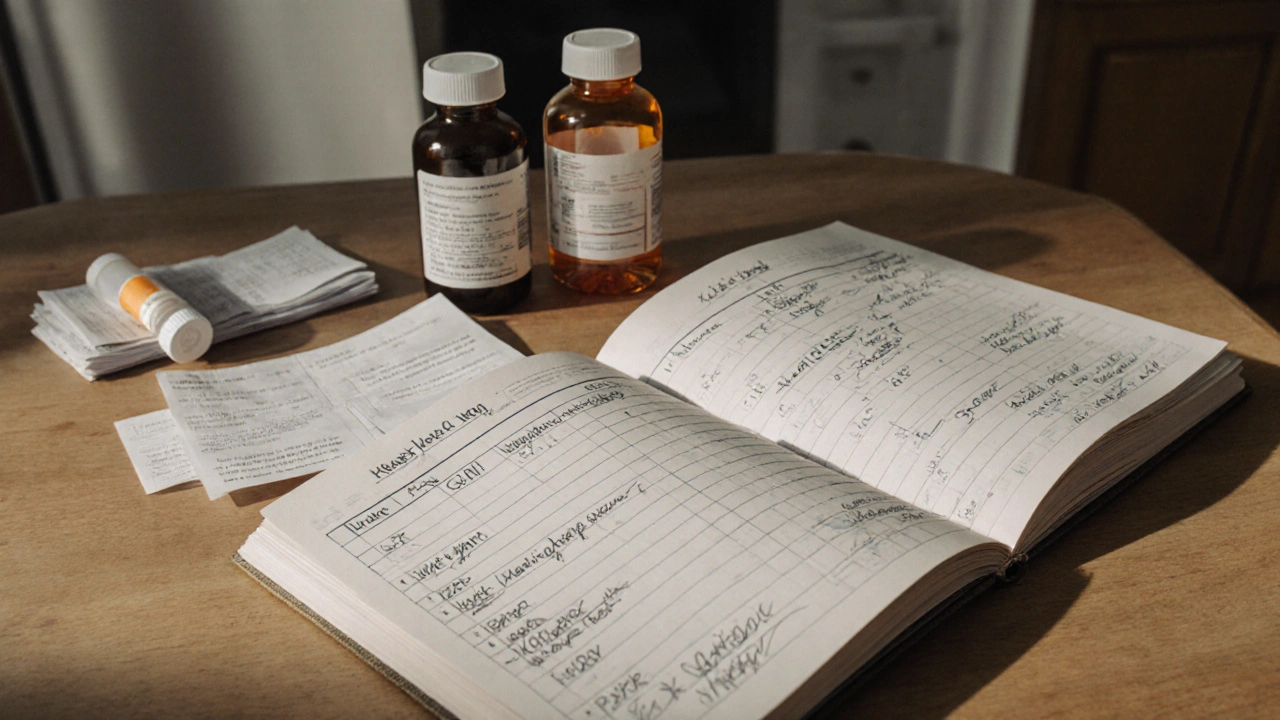 Ručně psaná domácí knížka s fakturami a léky na stole.