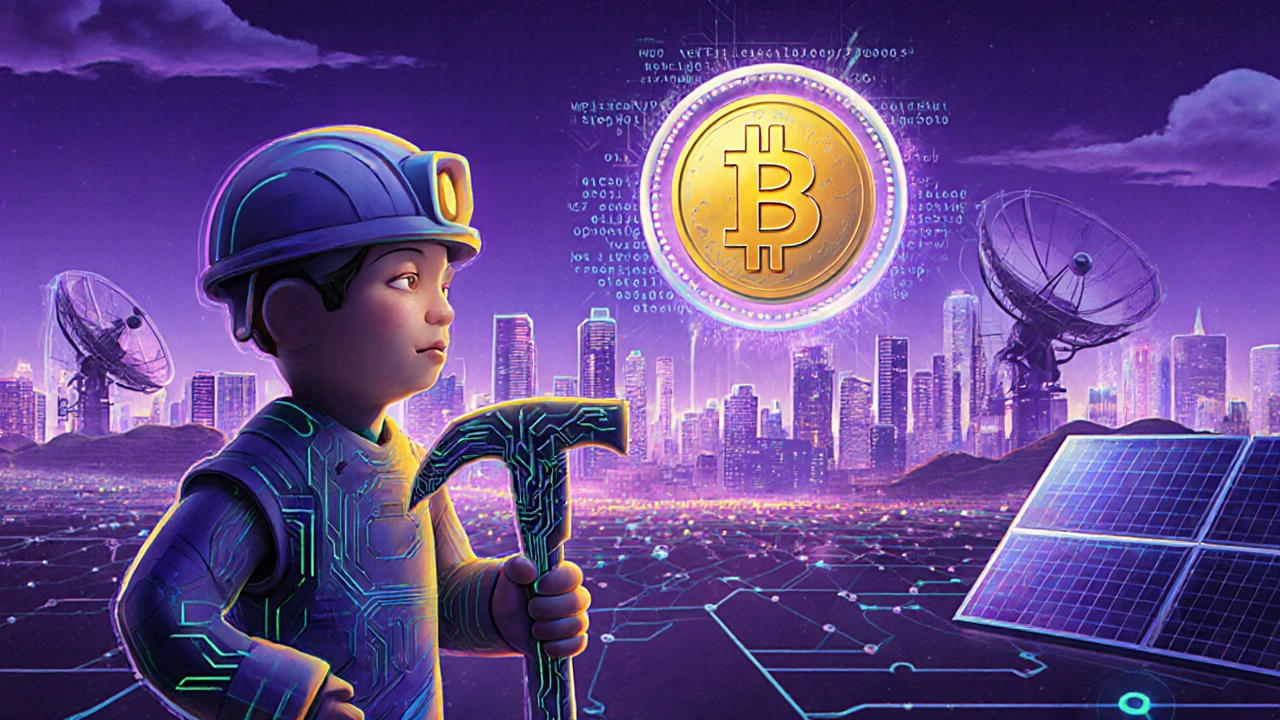 Hybridní PoW‑PoS koncept s těžařem, tokeny a futuristickým městem v pozadí.