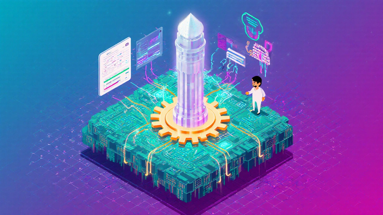 Isometrická ilustrace komponent protokolu: blockchain, smart contract, oracle a risk assessment.