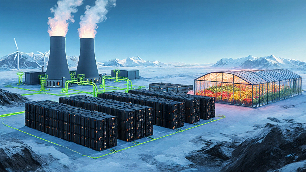 Rozlehlá těžební farma v chladném prostředí, napájená geotermální energií a využívající odpadní teplo pro skleník.