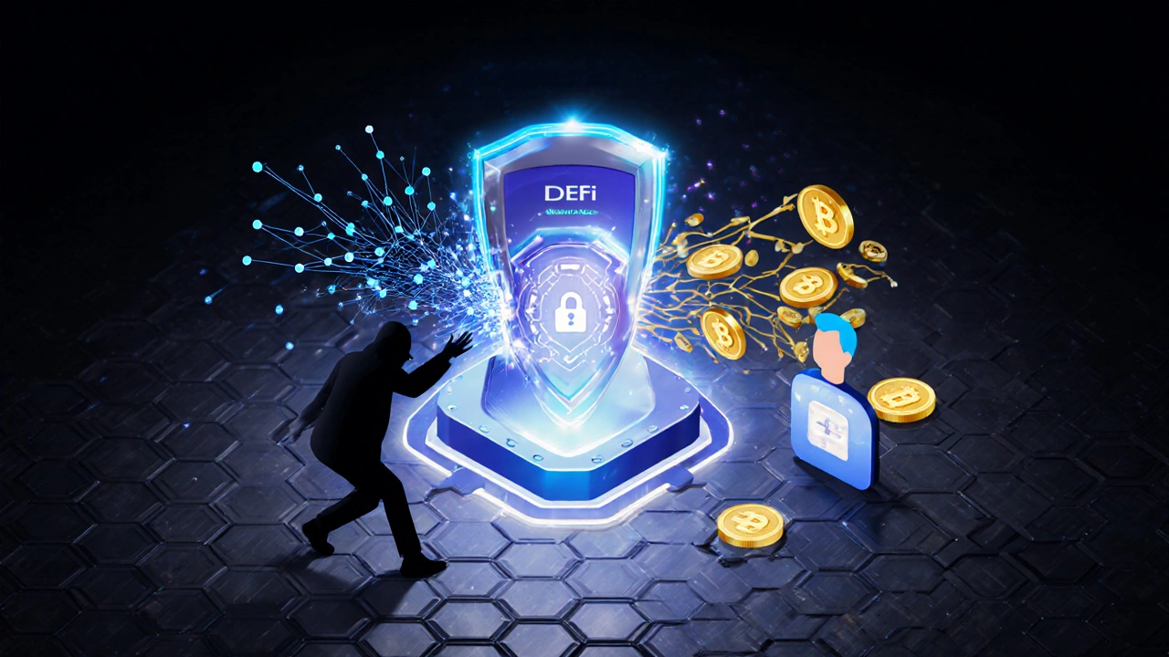Scéna hybridního pojištění DeFi, AI zastavuje hack a automaticky vyplácí odměny.