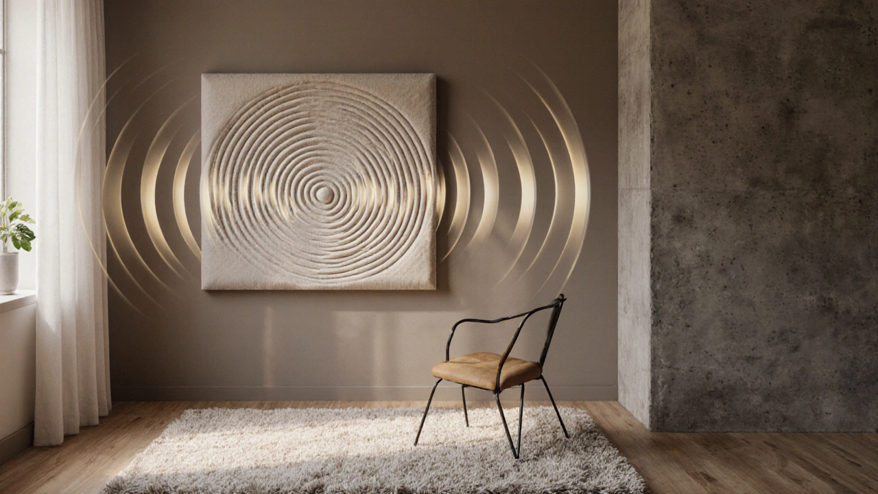 Akustické panely a koberce pohlcují zvuk, zatímco betonová stěna odrazuje, znázorněno vlnami zvuku.