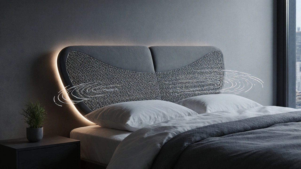 Chytré čalouněné záhlaví s integrovaným osvětlením a recyklovanými materiály, které tlumí hluk a zlepšuje kvalitu spánku.