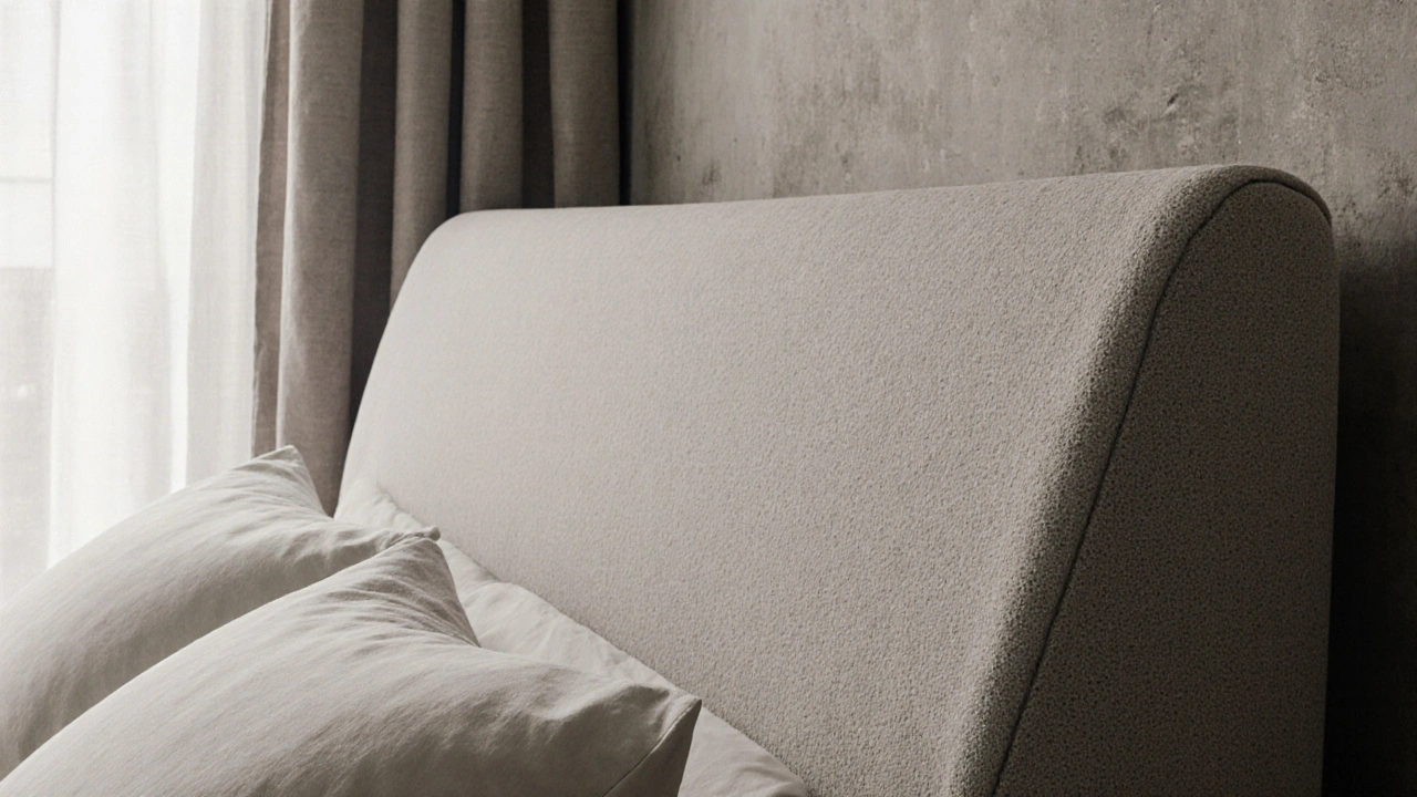 Detail čalouněného záhlaví s výstupky na stranách a viditelnou vzduchovou mezerou za ním pro akustickou izolaci.