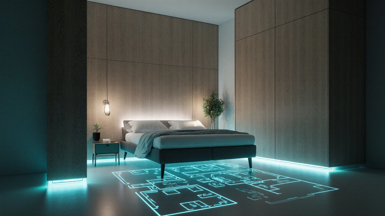 Futuristická ložnice s inteligentními dřevěnými panely, AR plánem a chytrým osvětlením.