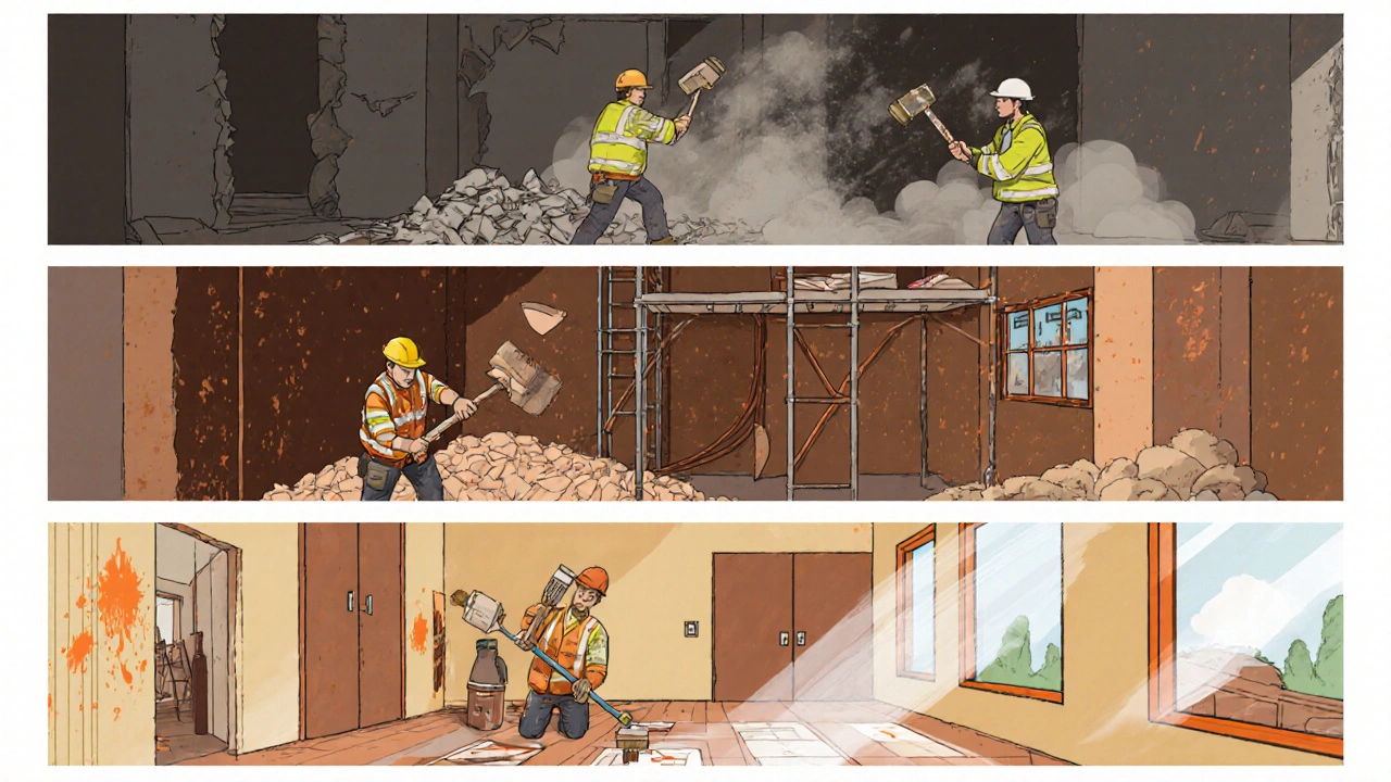 Ilustrace třech fází rekonstrukce: demolice, hrubá stavba a finální úpravy.