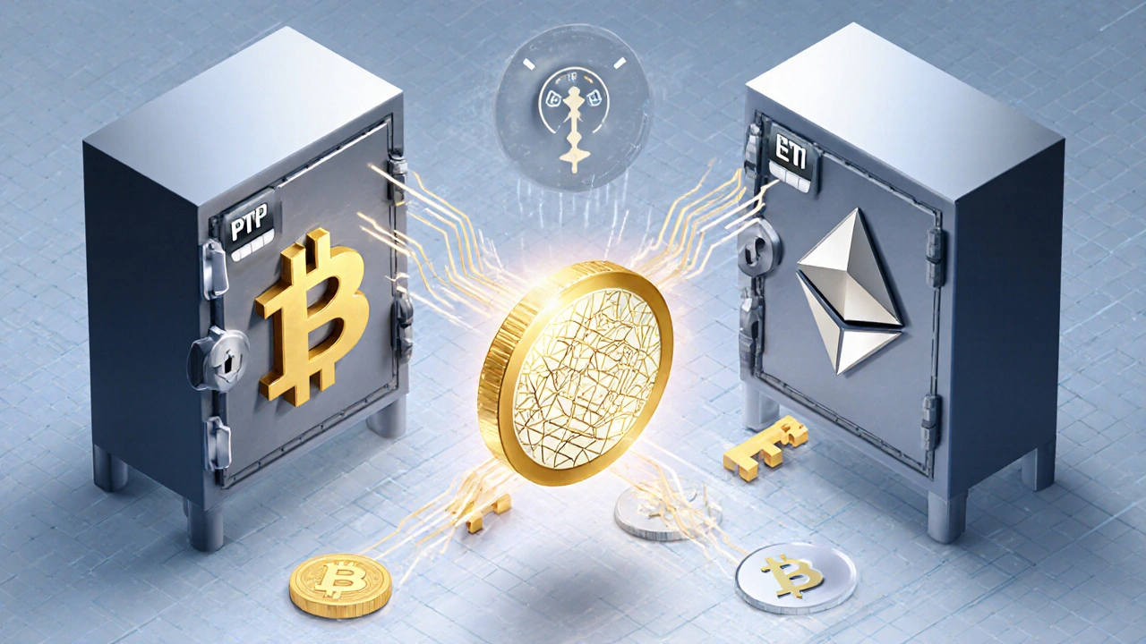 Isometrické zobrazení atomic swapu, dva zamčené trezory uvolňují tokeny po odhalení hashe.