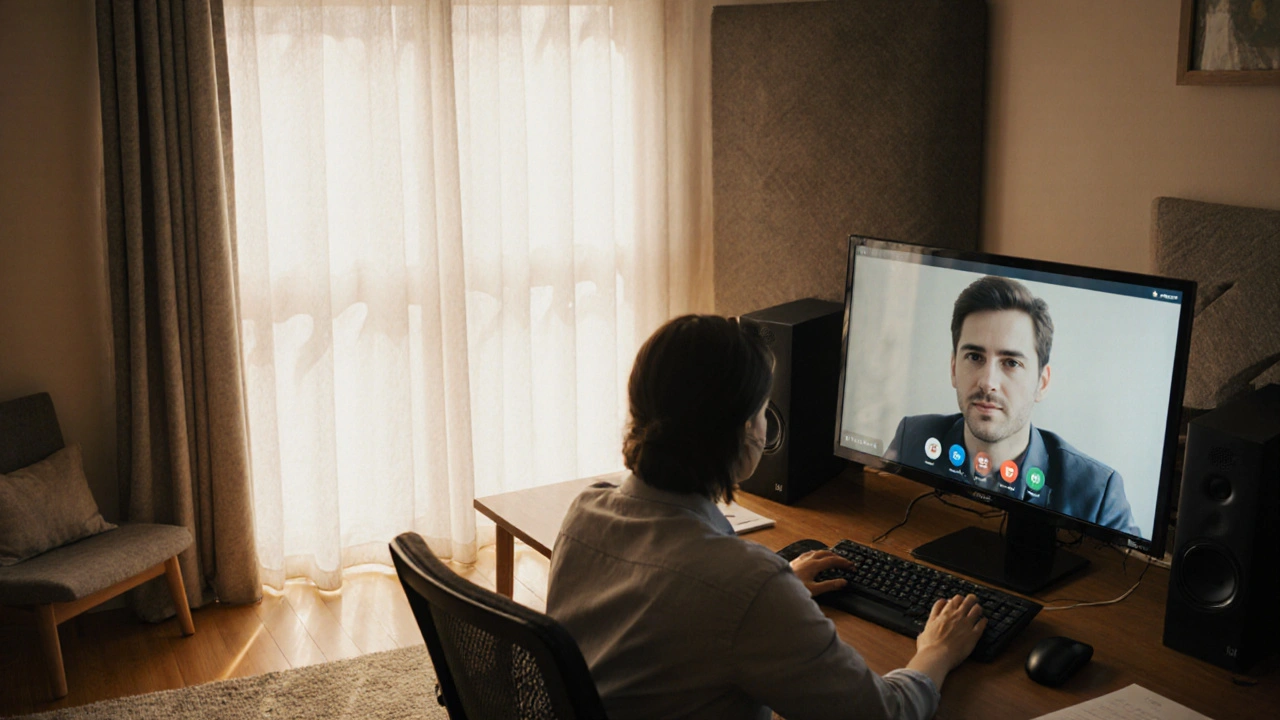 Osoba na videohovoru v klidné kanceláři s akustickými prvky, jasný pozadí bez rušivých odrazů.