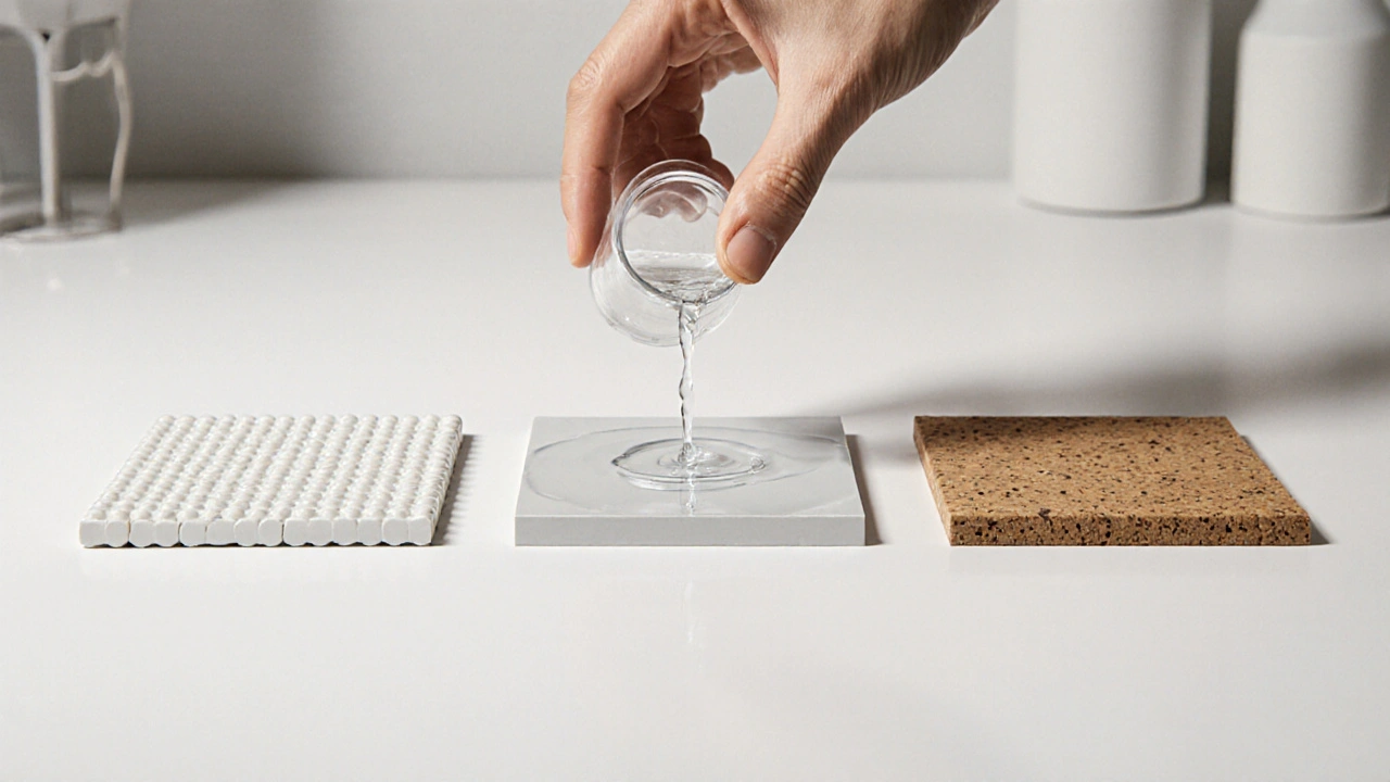 Ruce lijící vodu na tři vzorky podlahových materiálů: keramika, PVC a korek.