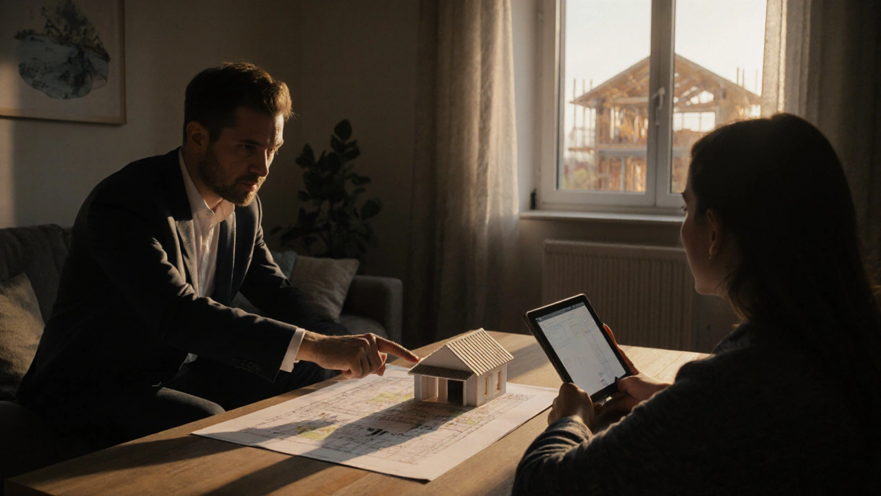 Architekt vysvětluje plán garáže domácímu majiteli s modelem na stole.