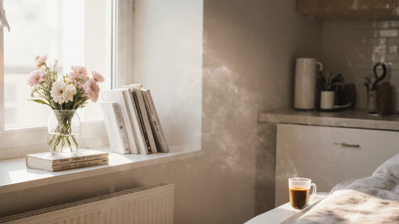 Byt s malými známkami života – kniha, květiny, káva – přirozený a autentický dojem, bez přehnané úpravy.
