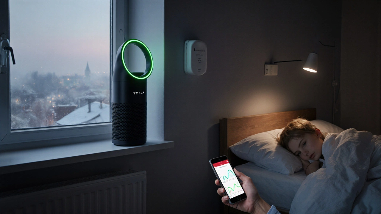 Chytrá čistička vzduchu s připojeným telefonem ukazujícím data v moderním bytě.