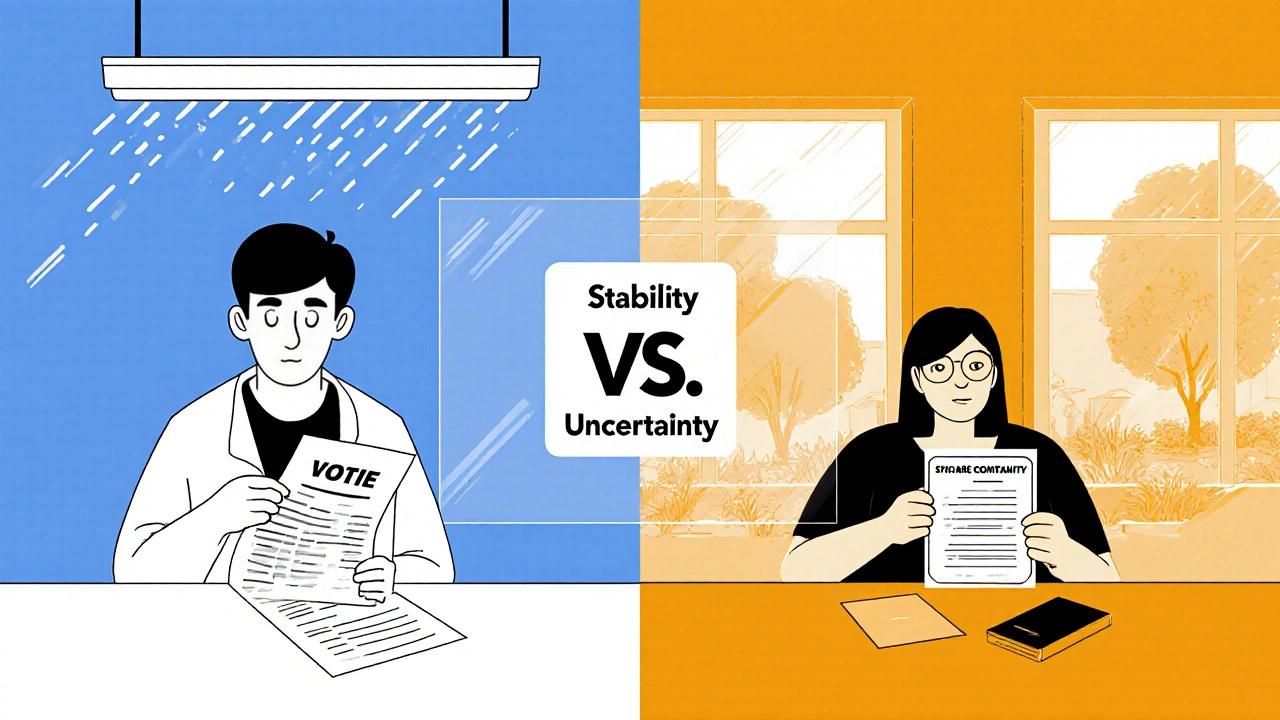 Contrast between unstable rental living and stable cooperative community voting