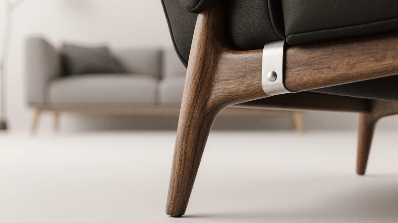 Detail kónické nožky z ořechu s kovovým spojem, zvýrazňující kvalitu a trvanlivost autentického nábytku.