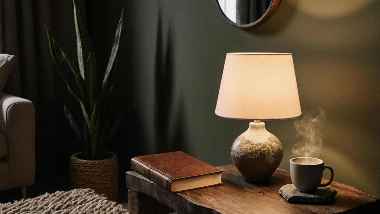 Detail textur: keramická lampa, vlněný koberec a kniha na dřevěném stolku, jemně osvětlené večer.