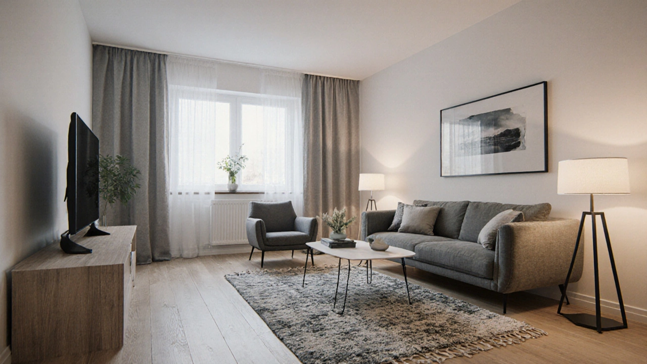 Digitálně přidaný nábytek do prázdného bytu, vytvářející realistický dojem životního prostoru pro online prezentaci.