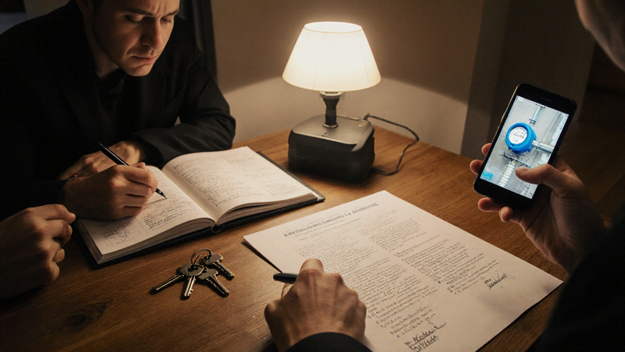 Dva klienti a notář podepisují předávací protokol u stolu s klíči, měřiči a kamerou, která zobrazuje čtení vodoměru.