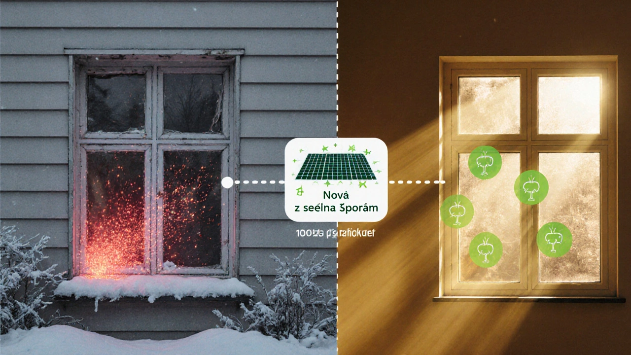 Dvě části budovy: levá s unikajícím teplem, pravá s fotovoltaickými okny a zelenou energií.