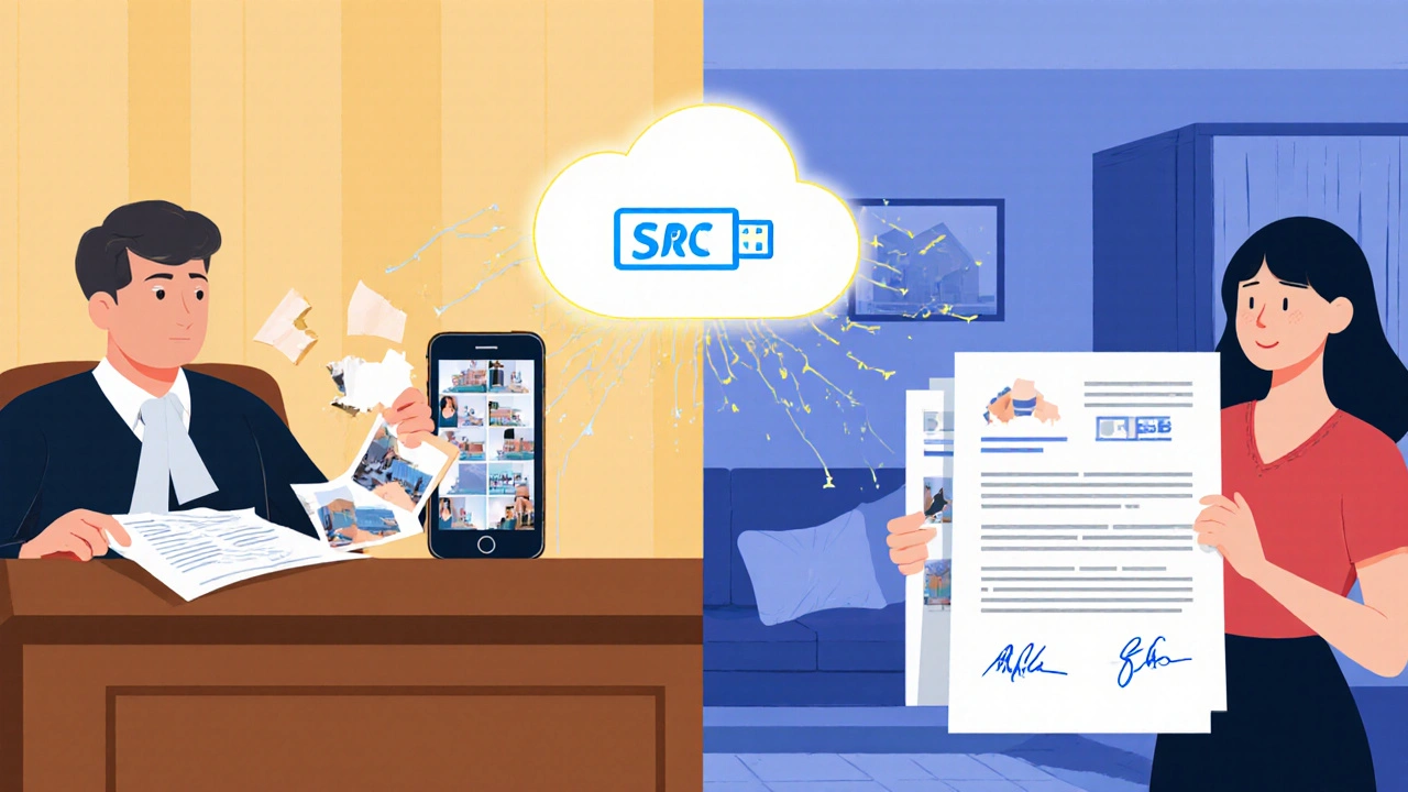 Dvě scény: jeden straně soudní proces bez důkazů, druhé straně uspořádané předání bytu s fotkami a podepsaným protokolem.