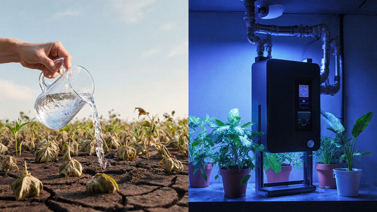 Dvě scény: na jedné straně vyschlé rostliny, na druhé zdravé rostliny s automatickou závlahou — symbolický kontrast mezi nezodpovědností a chytrou péčí.