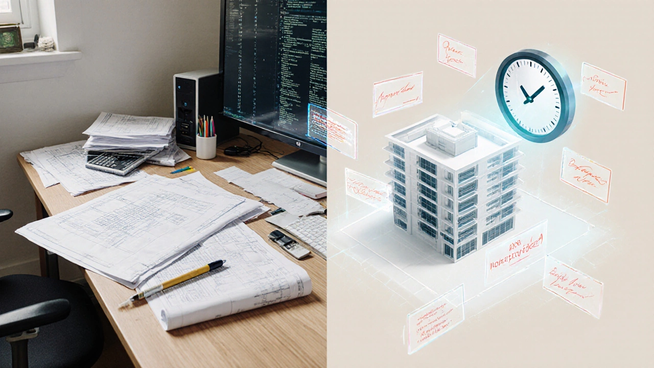 Dvě strany pracoviště: staré výkresy vs. digitální stavební dokumentace.
