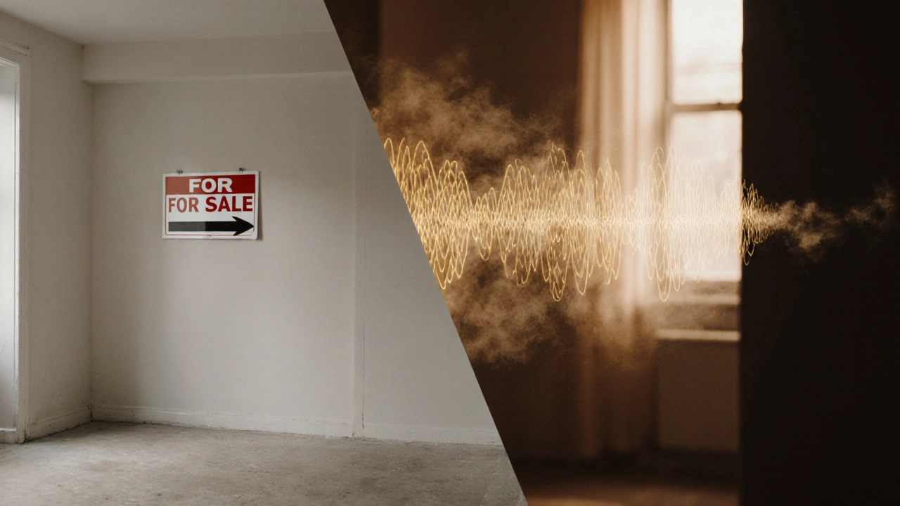 Dvě verze bytu: prázdný vs. smyslově připravený s vůní a zvukem.