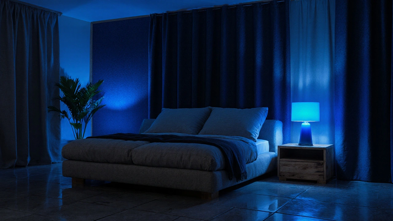 Evening view of a quiet living room with automated furniture, soft lighting, and recycled materials.