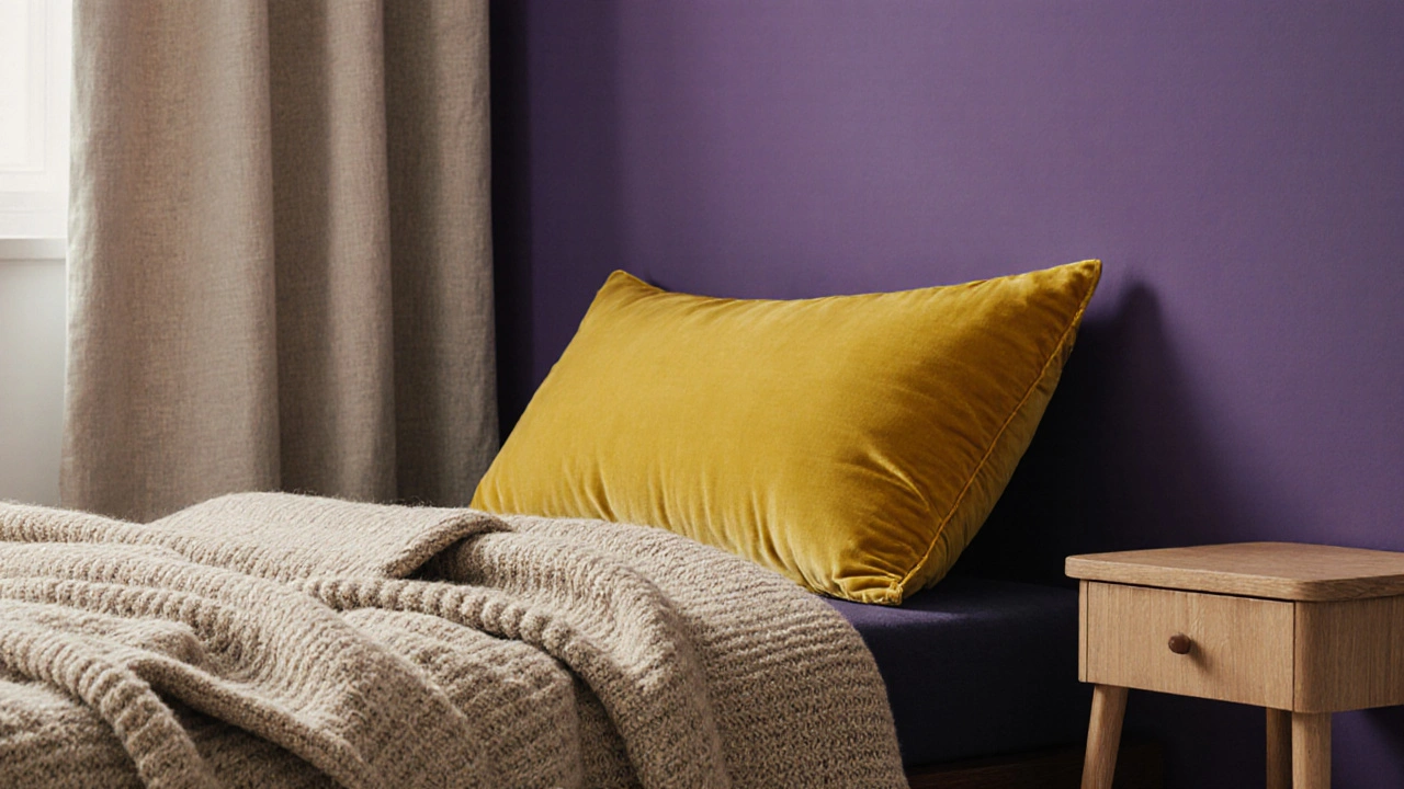 Fialová stěna s žlutým polštářem a taupe dekou, zdůrazňující komplementární barvy a přírodní textury.