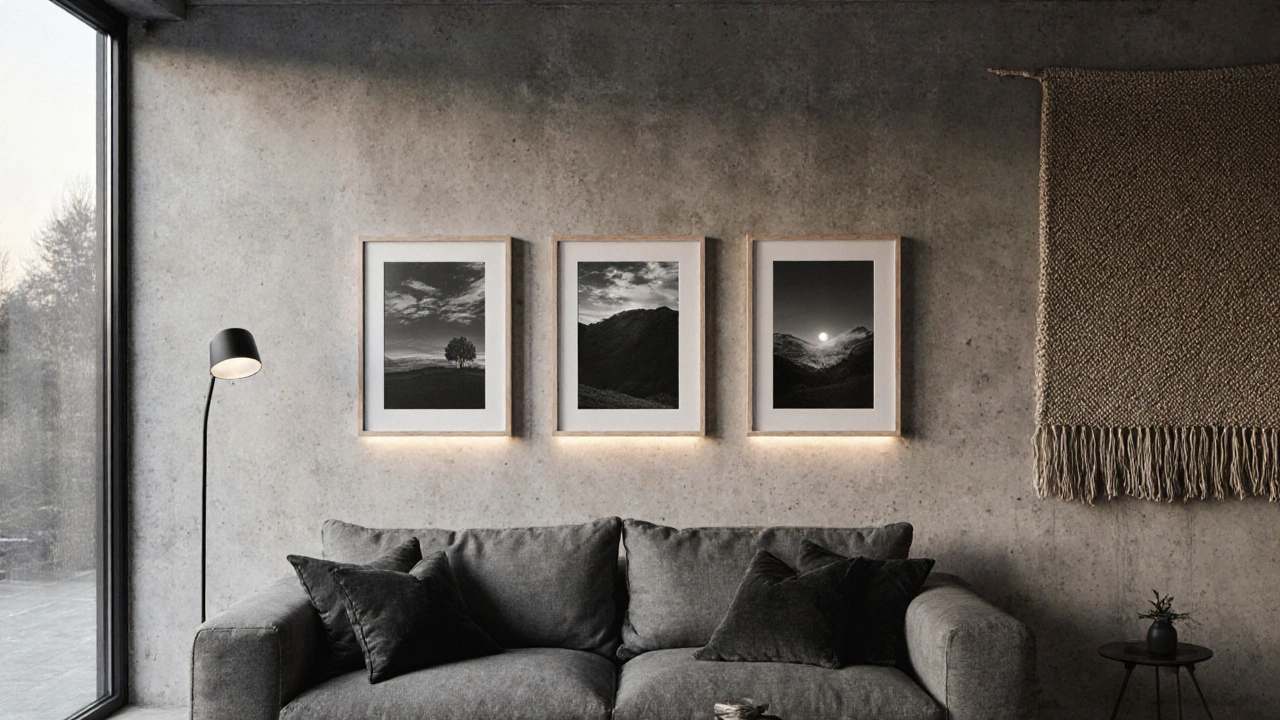 Galerie tří černobílých fotografií v jednotných rámech s LED osvětlením pod nimi.