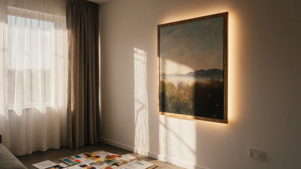 Hybridní nástěnné umění s fyzickou malbou a integrovaným LED osvětlením, na pozadí návrhový moodboard.