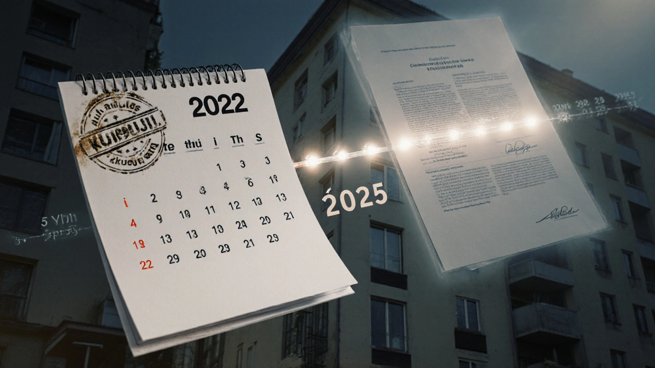 Kalendář ukazující 5letou lhůtu na reklamaci vad v nemovitosti s právním dokumentem.