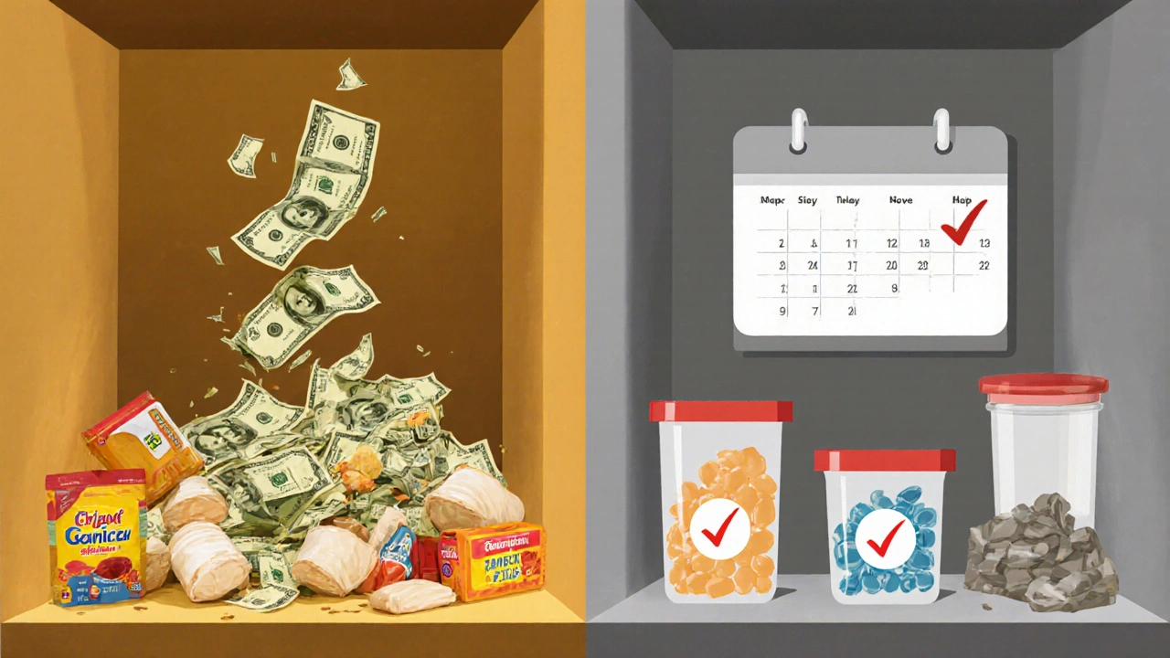 Konceptuální obrázek: peníze se mění v potraviny nebo se ušetří díky správné organizaci.