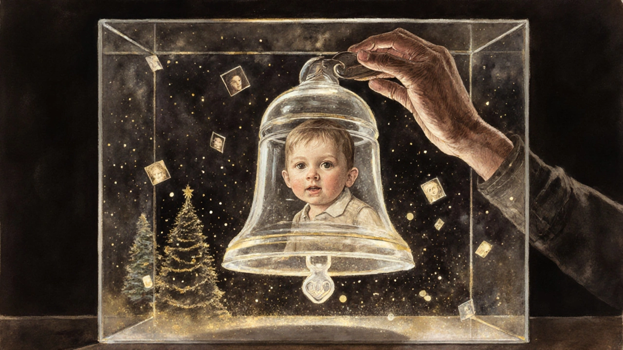 Konceptuální obrázek zvonku v vitrině, kde prach se mění ve vzpomínky.