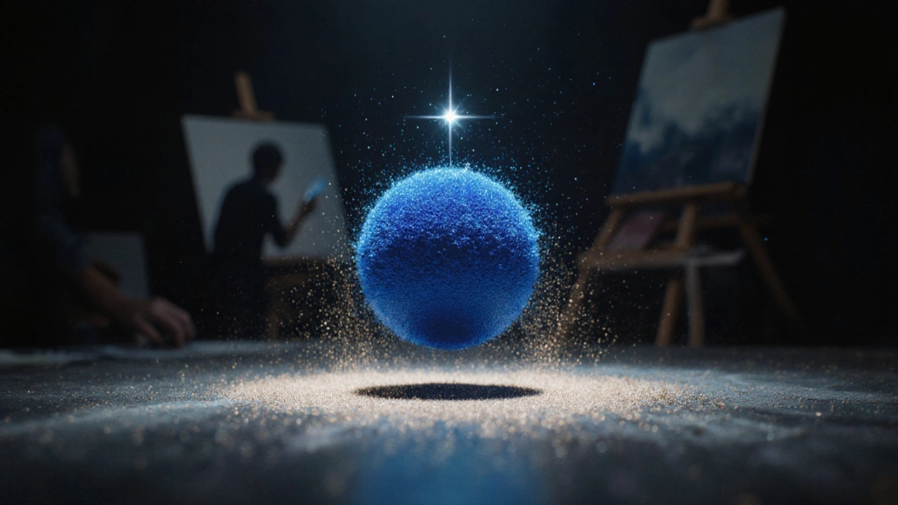 Kulatý pigmentový částečka září jako hvězda v temném prostředí, kolem ní prach zlatého světla.