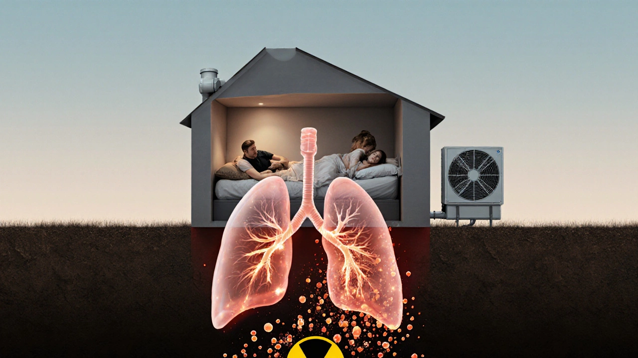 Lidské plicní tkáně s radioaktivními částicemi a bezpečným větráním.