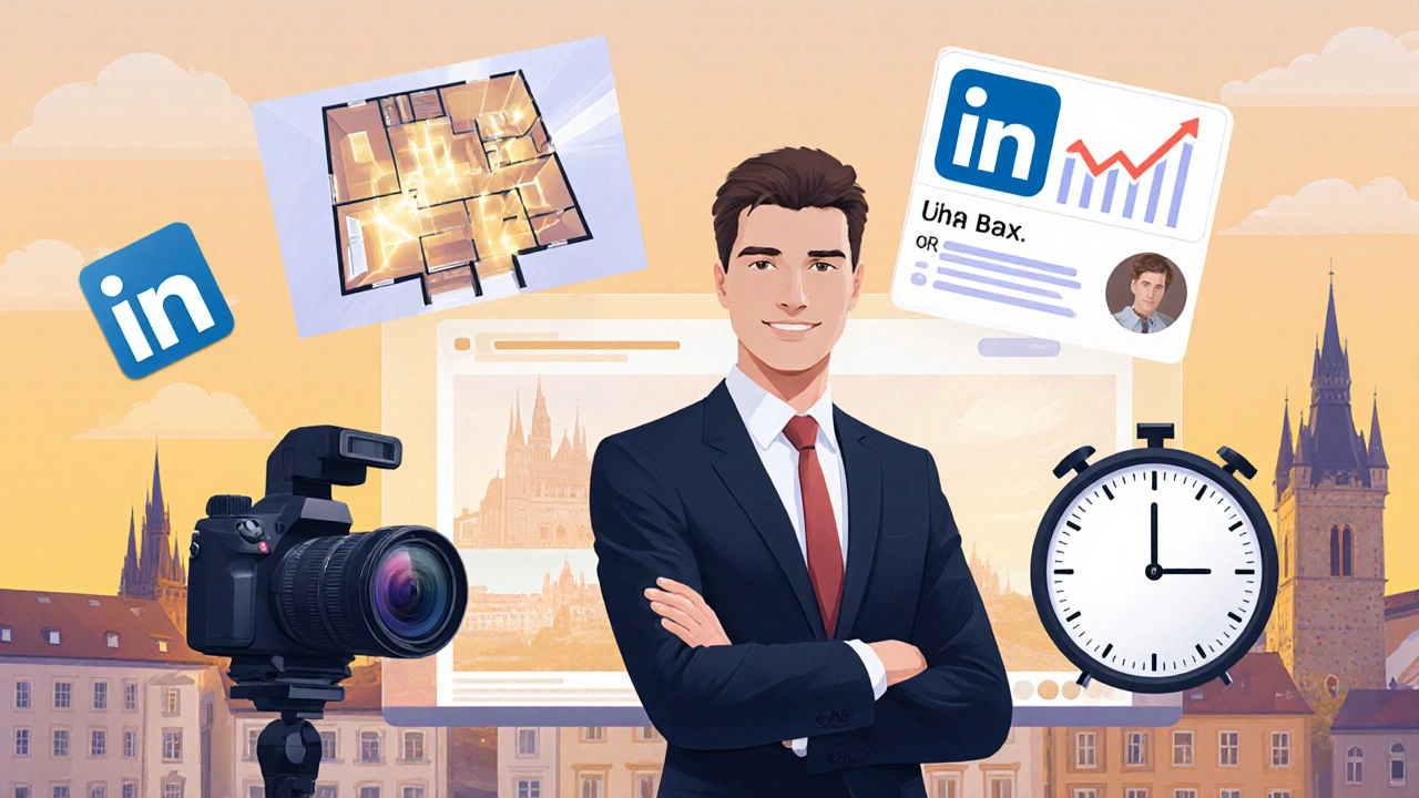 Makléř ukazuje virtuální prohlídku na obrazovce, kolem něj symboly důvěry, technologie a osobní značky.