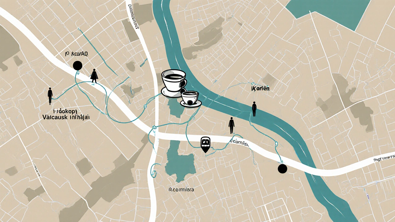 Mapa Prahy ukazující tři lokality WorkLounge propojené cestami, symbolizující flexibilní pracovní styl.