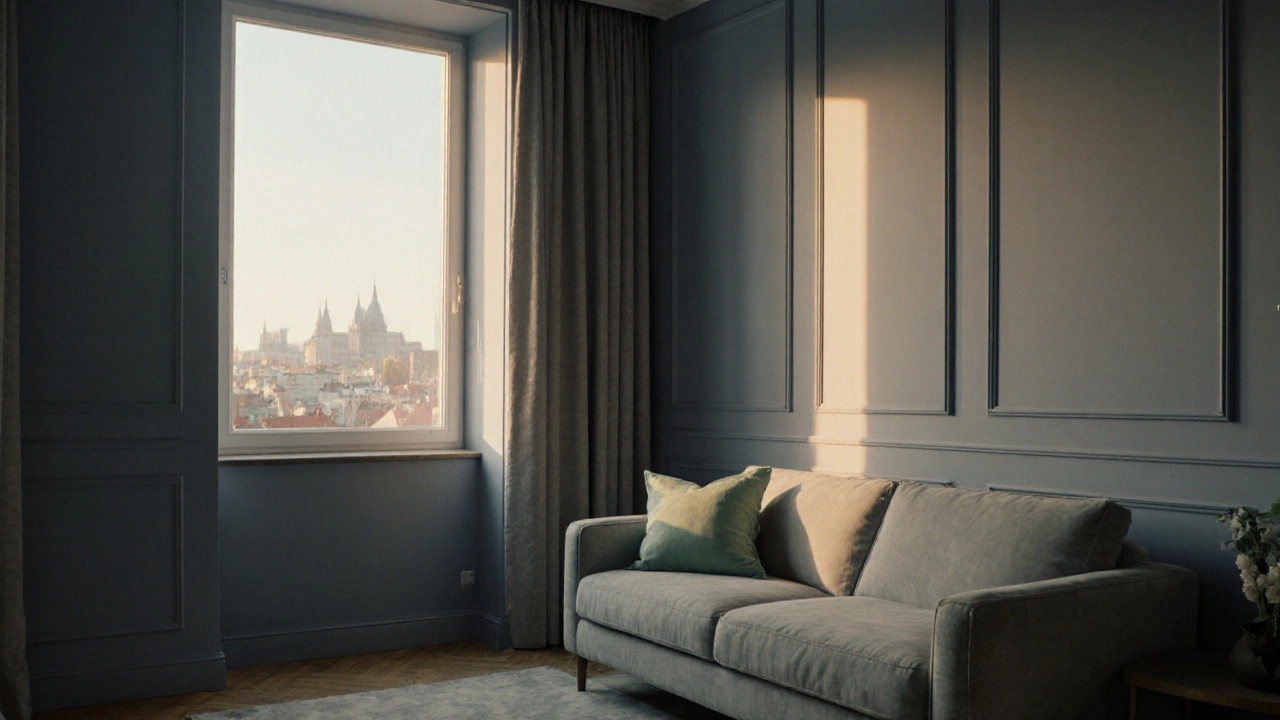 Měkká modrošedá obývací místnost s jemnými zelenými akcenty a přírodním světlem, vytvářející pocit důvěry a klidu.