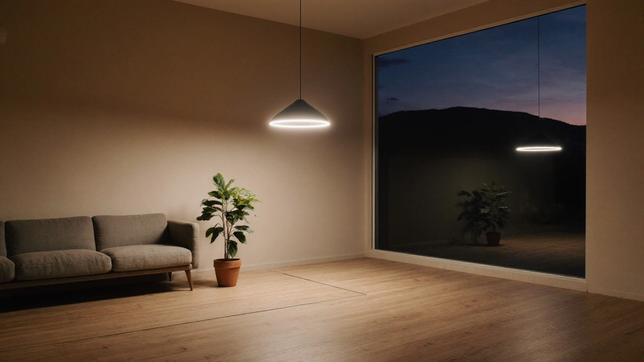 Minimální prostor s prázdnou zónou, jednou rostlinou a měkkým světelným kruhem, kde klid je hlavním prvkem.