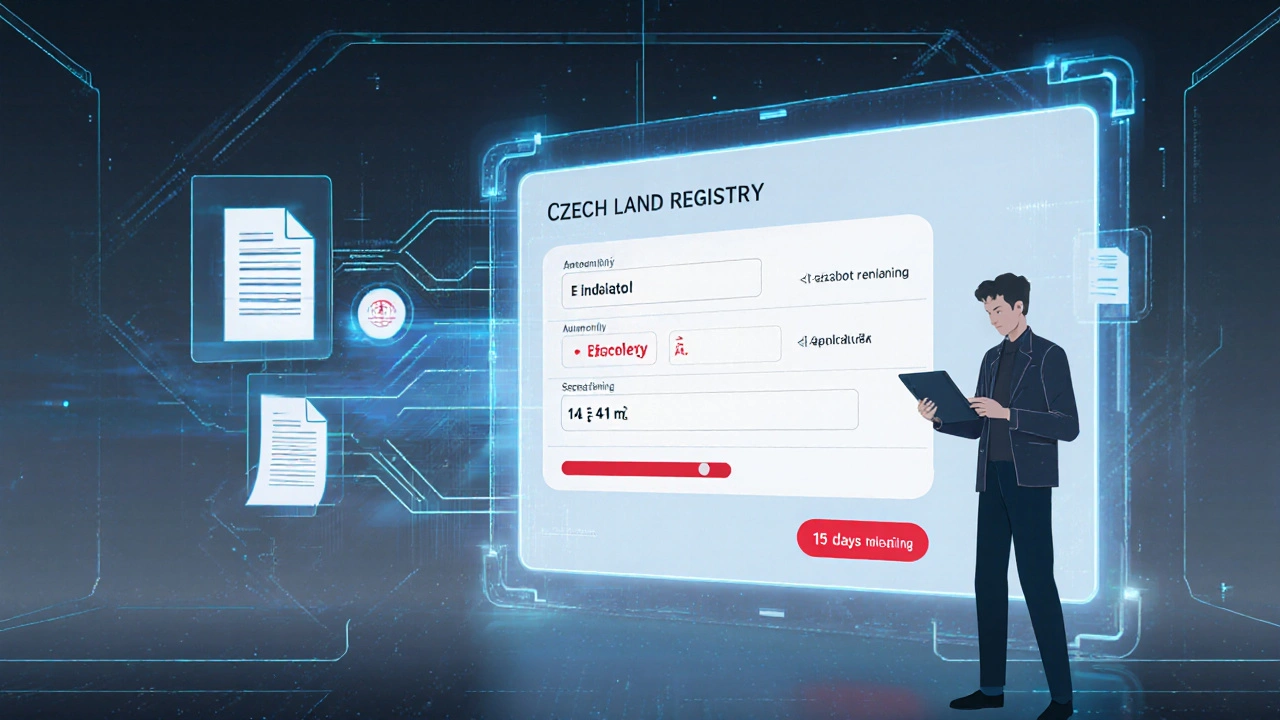 Moderní digitální rozhraní katastru v roce 2025 s AI varováním a elektronickým podáním opravy.