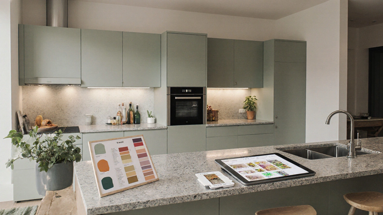 Moderní ekologická kuchyň s chytrými zařízeními a přírodními materiály v roce 2025.