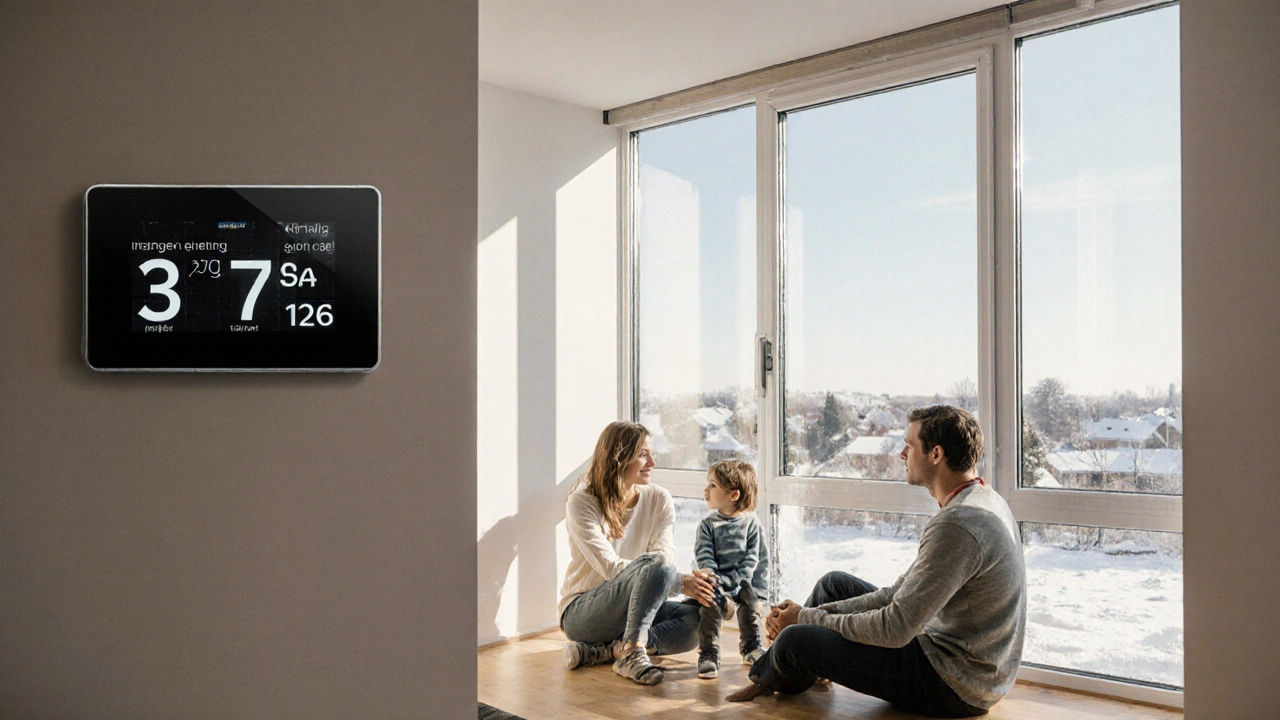 Moderní trojsklo v bytě bez rosniček, rodina sedí v pohodlném oblečení při přirozeném světle.