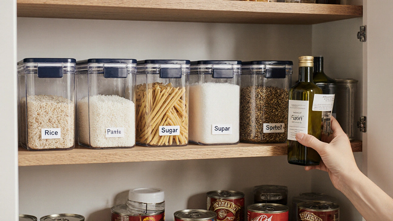 Organizovaná spíž s průhlednými nádobami a etiketami, uspořádanými podle kategorií.