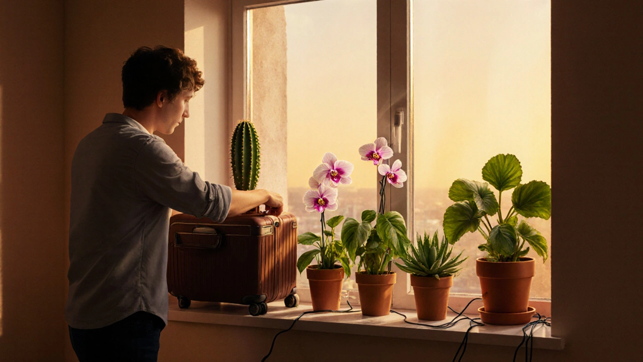 Osoba balí zavazadla, zatímco na okně rostou různé rostliny, které jsou napojené na automatickou závlahu.