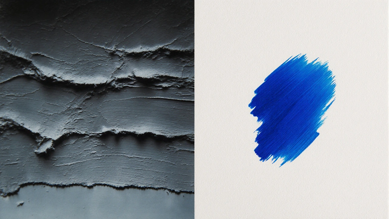 Porovnání dvou barev na plátně: jedna vrstva vysokopigmentované barvy proti více vrstvám běžné barvy.