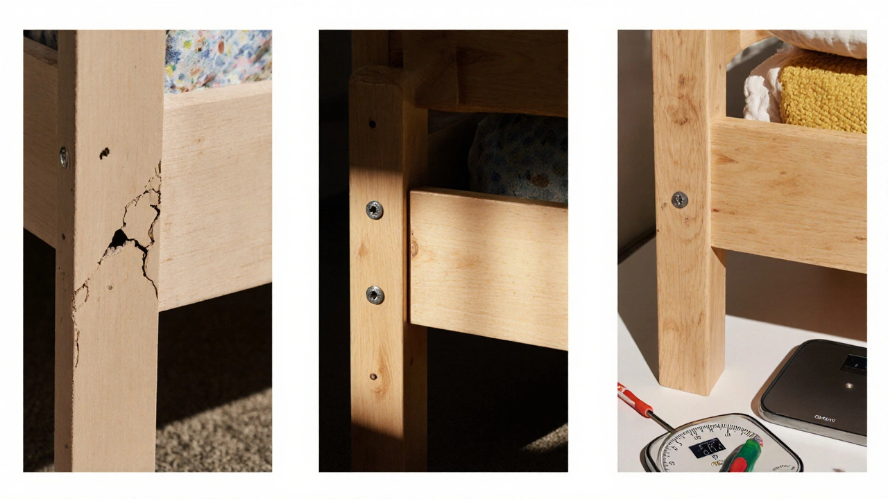 Porovnání tří materiálů dětských postelí: MDF, borovice a buk – buk je pevný a bez poškození.