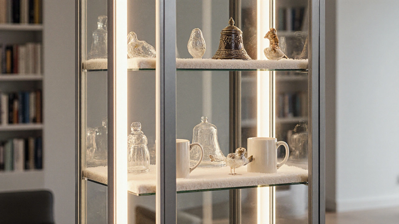 Prachotěsná vitrína s LED osvětlením ukazuje sbírku skleněných zvonků a keramiky.